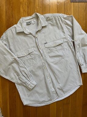 Vintage 90s 100% Cotton Vertical Stripe Button Front Shirt Blouse Top